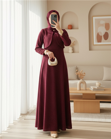 Ceket Detaylı Simli Broşlu Elbise  -Bordo
