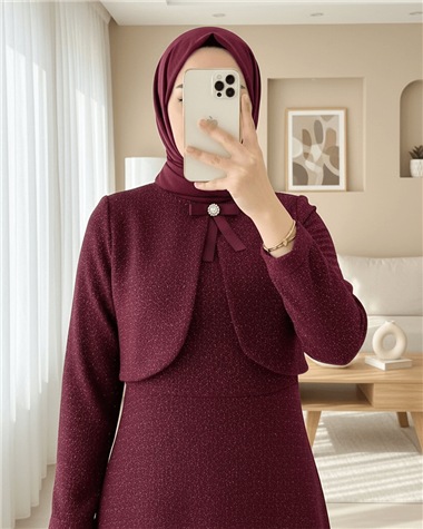Ceket Detaylı Simli Broşlu Elbise  -Bordo