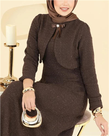 Ceket Detaylı Simli Broşlu Elbise  -Kahve