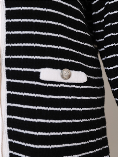 Cep Detaylı Düğmeli Çizgili Hırka -Siyah