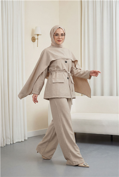 Cep Detaylı V Yaka Bağcıklı Fularlı Paraşüt Takım  -Taş