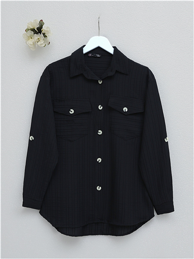 Cepleri Kapaklı Fitilli Ve Düğmeli Gömlek  -Siyah