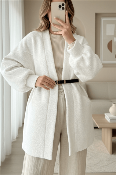 Cepli Balon Kol Oversize Buklet Ceket  -Beyaz