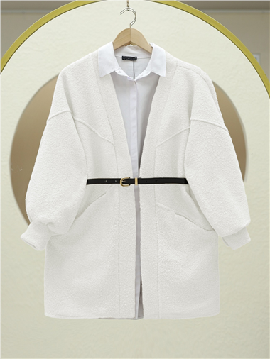 Cepli Balon Kol Oversize Buklet Ceket  -Beyaz