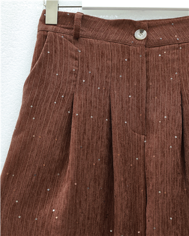 Cepli Bol Paça Pul Detaylı Kadife Pantolon  -Kiremit