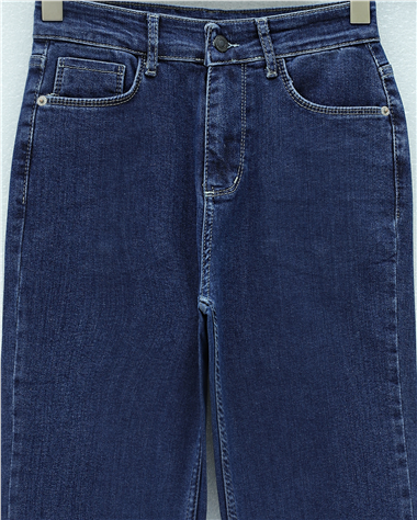 Cepli İspanyol Paça Likralı Fermuarlı Kot Pantolon -Koyu Mavi