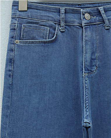 Cepli İspanyol Paça Likralı Fermuarlı Kot Pantolon -Mavi