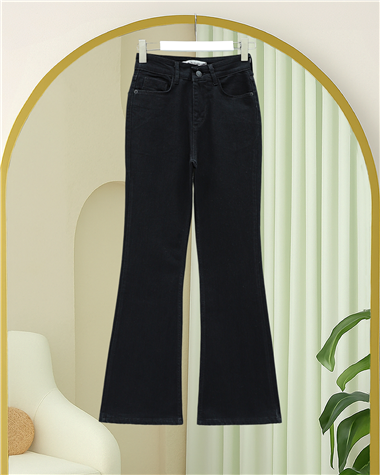 Cepli İspanyol Paça Likralı Fermuarlı Kot Pantolon -Siyah