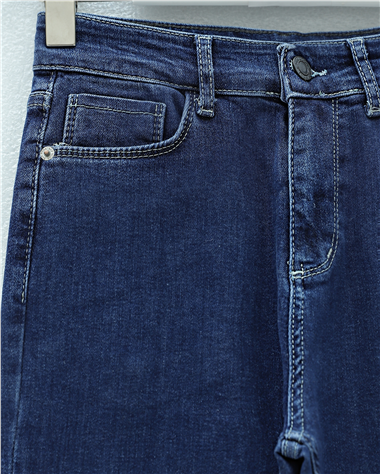 Cepli İspanyol Paça Likralı Fermuarlı Kot Pantolon -Koyu Mavi