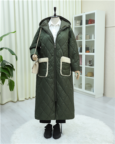 Cepli Kapşonlu Fermuarlı Astarlı Uzun Kapitone Kaban -Haki