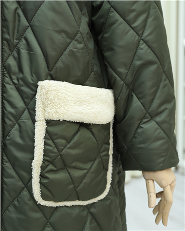 Cepli Kapşonlu Fermuarlı Astarlı Uzun Kapitone Kaban -Haki