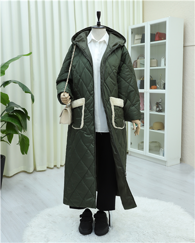 Cepli Kapşonlu Fermuarlı Astarlı Uzun Kapitone Kaban -Haki