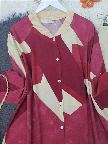Çiçek Desen Ribanalı Düğmeli Oversize Tunik  -Bordo