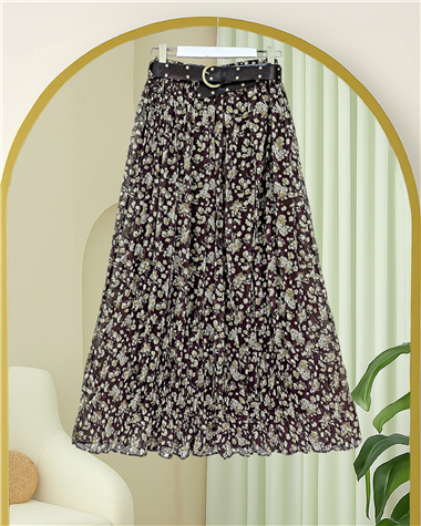 Çiçek Desenli Astarlı Kalın Kemerli Şifon Etek -Haki