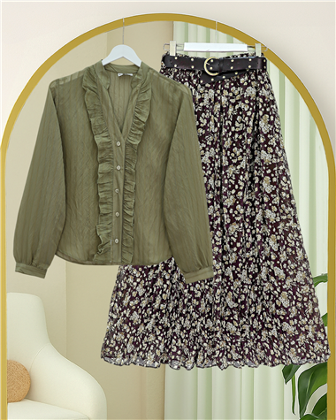 Çiçek Desenli Astarlı Kalın Kemerli Şifon Etek -Haki