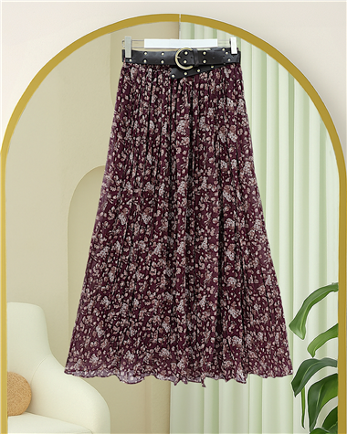 Çiçek Desenli Astarlı Kalın Kemerli Şifon Etek -Mürdüm