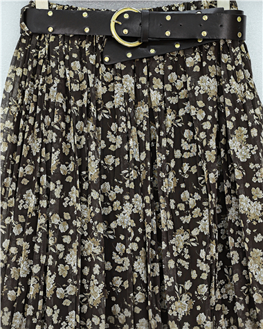 Çiçek Desenli Astarlı Kalın Kemerli Şifon Etek -Haki