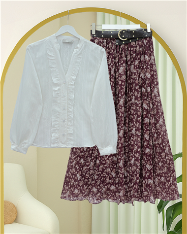 Çiçek Desenli Astarlı Kalın Kemerli Şifon Etek -Mürdüm