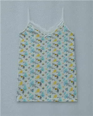 Çiçek Desenli Dantelli İp Askılı Atlet -Ekru