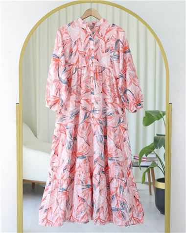 Çiçek Desenli Parçalı Kolu Lastikli Yarım Düğmeli Elbise -Kiremit