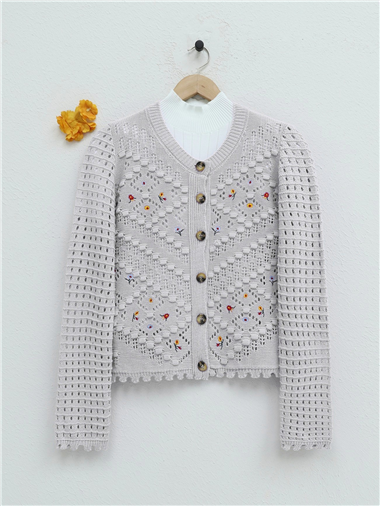 Çiçek Nakışlı Ponponlu Ajurlu Triko Hırka   -Taş