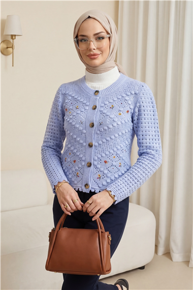 Çiçek Nakışlı Ponponlu Ajurlu Triko Hırka    -Bebe Mavi