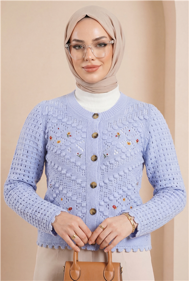 Çiçek Nakışlı Ponponlu Ajurlu Triko Hırka    -Bebe Mavi