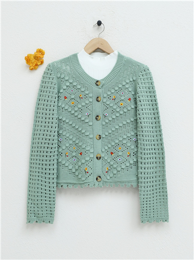 Çiçek Nakışlı Ponponlu Ajurlu Triko Hırka -Su Yeşili