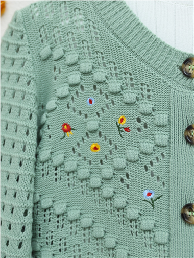 Çiçek Nakışlı Ponponlu Ajurlu Triko Hırka -Su Yeşili