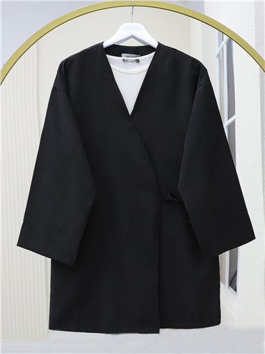 Çift Bağlamalı V Yaka Kimono -Siyah