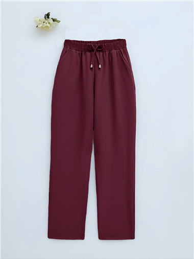 Çift Cepli Beli Lastikli Bağcık Detaylı Pantolon  -Bordo