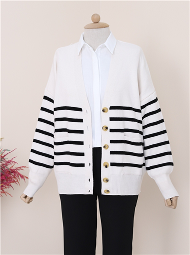 Çift Cepli Çizgili Düğmeli Hırka -Ekru