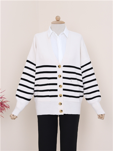 Çift Cepli Çizgili Düğmeli Hırka -Ekru