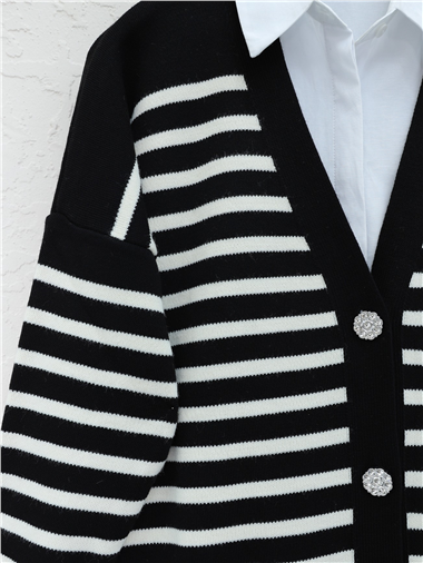 Çift Cepli Çizgili Triko Hırka -Siyah