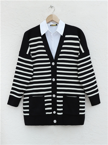 Çift Cepli Çizgili Triko Hırka -Siyah