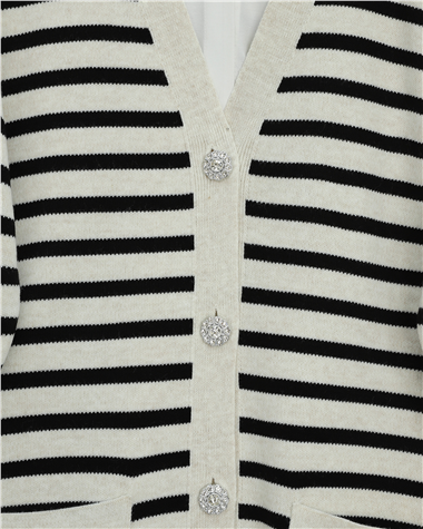 Çift Cepli Çizgili Triko Hırka  -Taş