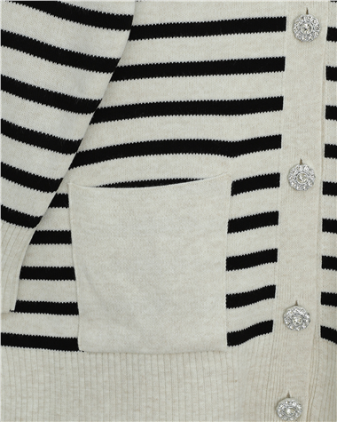 Çift Cepli Çizgili Triko Hırka  -Taş