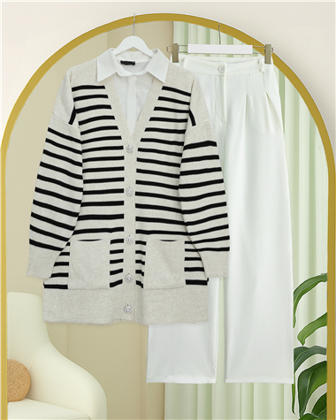 Çift Cepli Çizgili Triko Hırka  -Taş