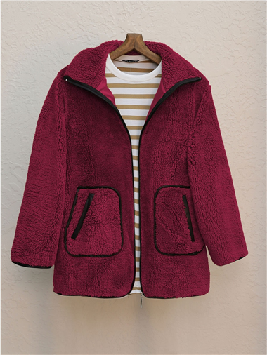 Çift Cepli Fermuarlı Astarlı Peluş Mont  -Bordo