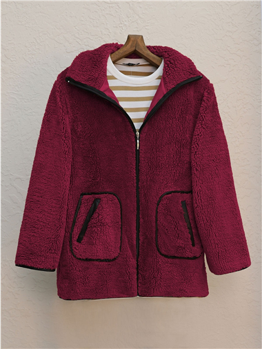 Çift Cepli Fermuarlı Astarlı Peluş Mont  -Bordo