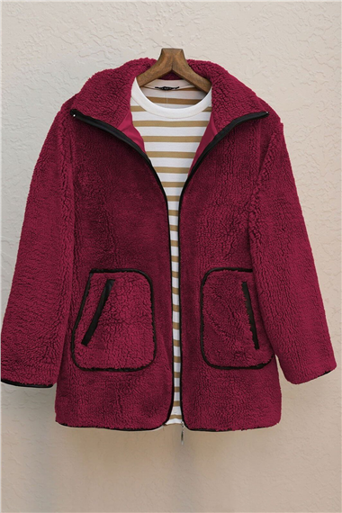 Çift Cepli Fermuarlı Astarlı Peluş Mont  -Bordo