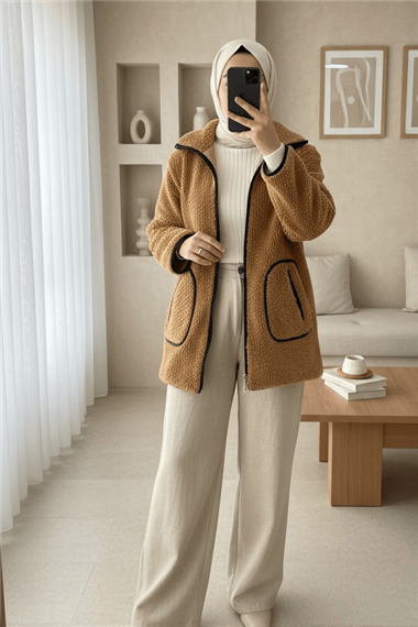 Çift Cepli Fermuarlı Astarlı Peluş Mont  -Tarçın
