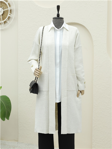 Çift Cepli Kolu Katlamalı Triko Hırka  -Krem