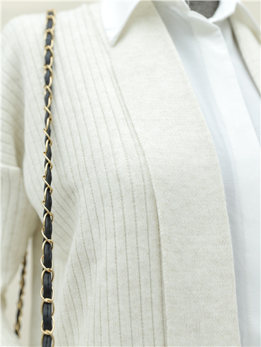 Çift Cepli Kolu Katlamalı Triko Hırka  -Krem