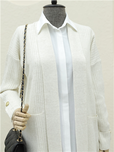 Çift Cepli Kolu Katlamalı Triko Hırka  -Krem