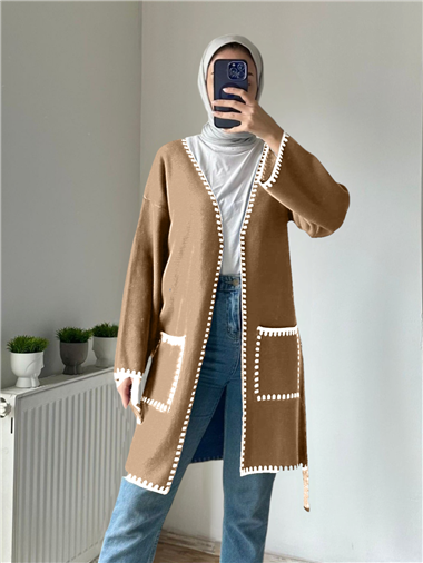 Çift Cepli Kuşaklı Triko Hırka  -Tarçın