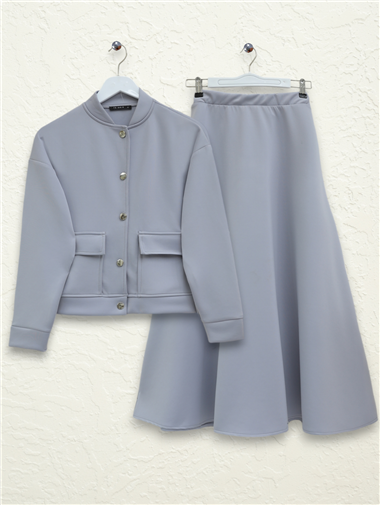 Çift Cepli Metal Düğmeli Etekli Takım -Gri