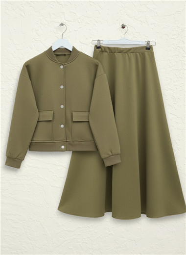 Çift Cepli Metal Düğmeli Etekli Takım    -Haki