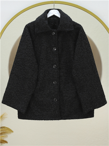 Çift Cepli Önü Düğmeli Astarlı Buklet Kaban -Siyah