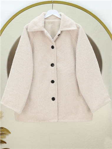 Çift Cepli Önü Düğmeli Astarlı Buklet Kaban -Ekru